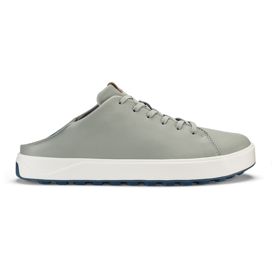 Grey slip-on mule with white chunky sole and dark blue tread detailing.