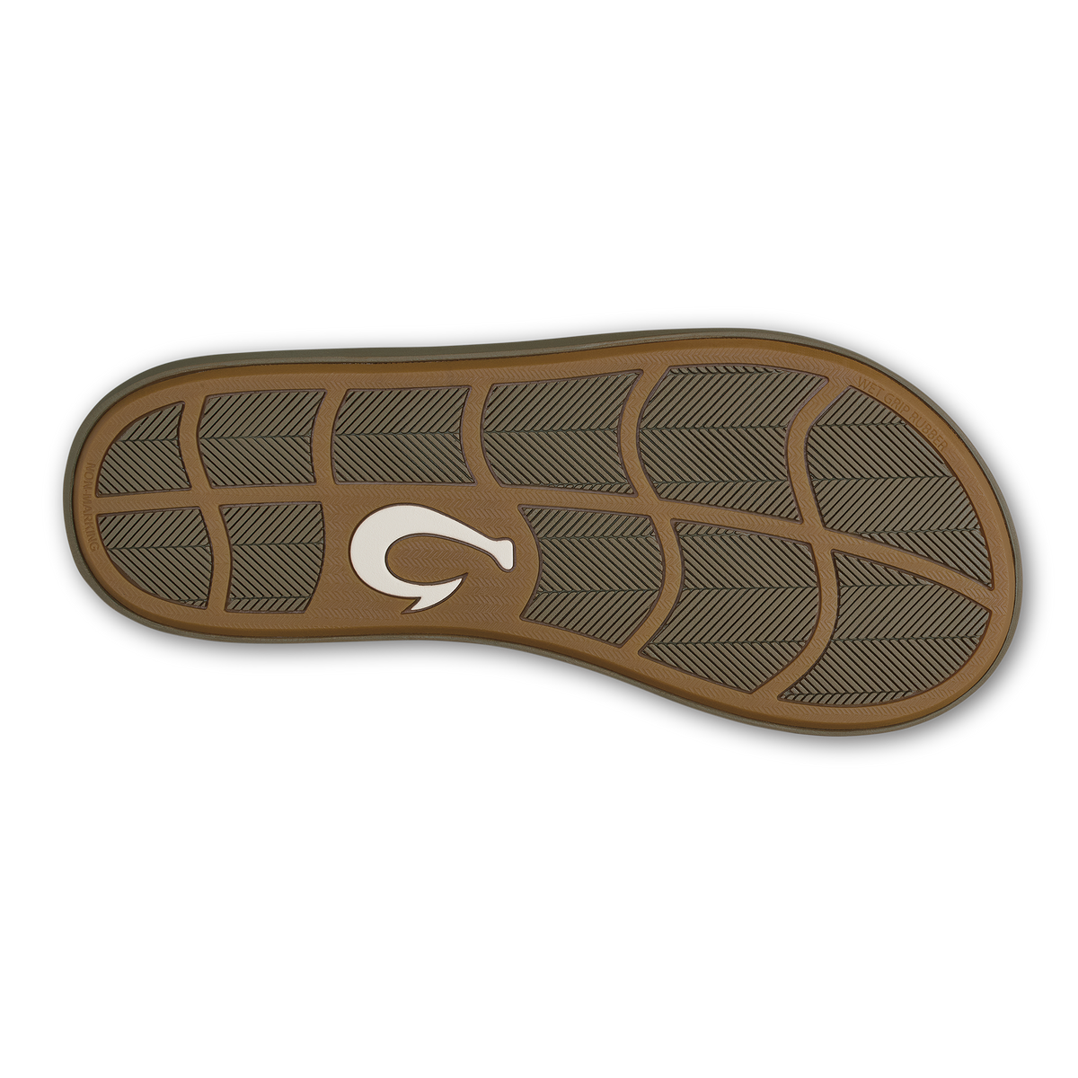 Walnut-colored shoe sole with geometric tread pattern and white logo mark in center.