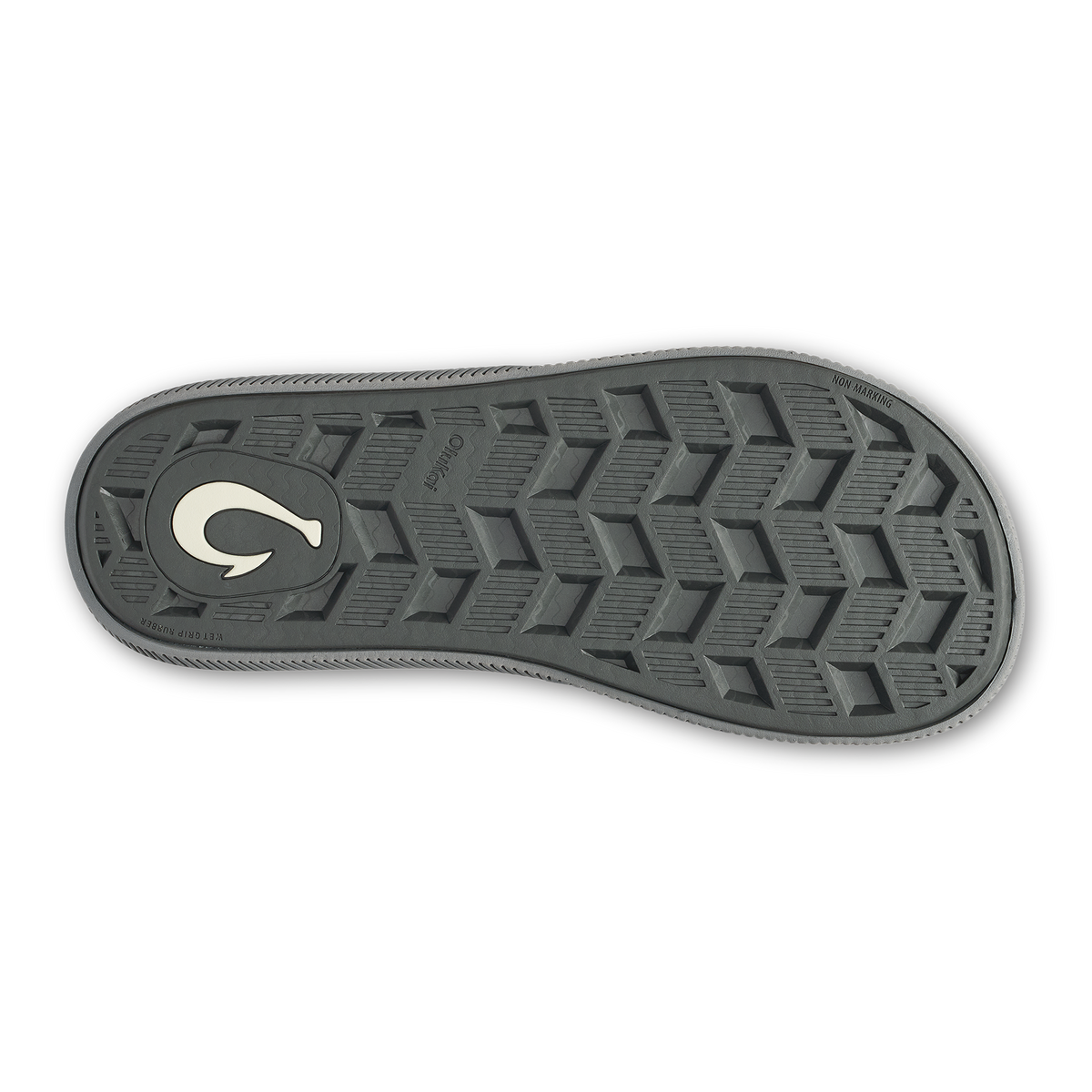 Charcoal slide sole with chevron tread pattern and white logo detail.
