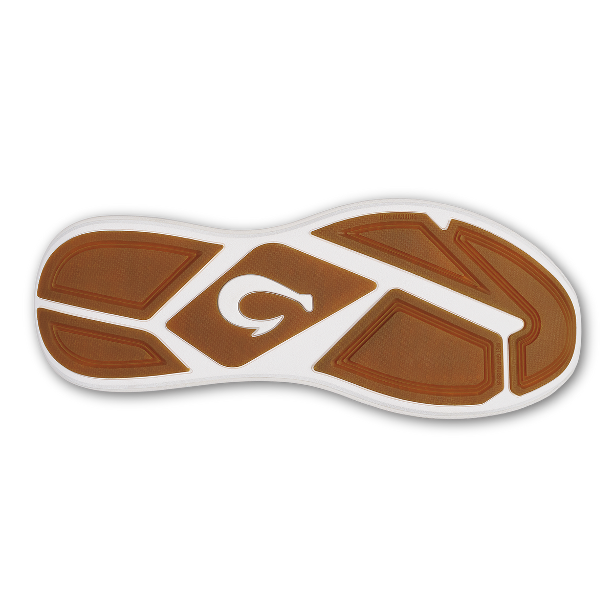 Brown and white shoe sole with textured tread pattern and central logo detail.