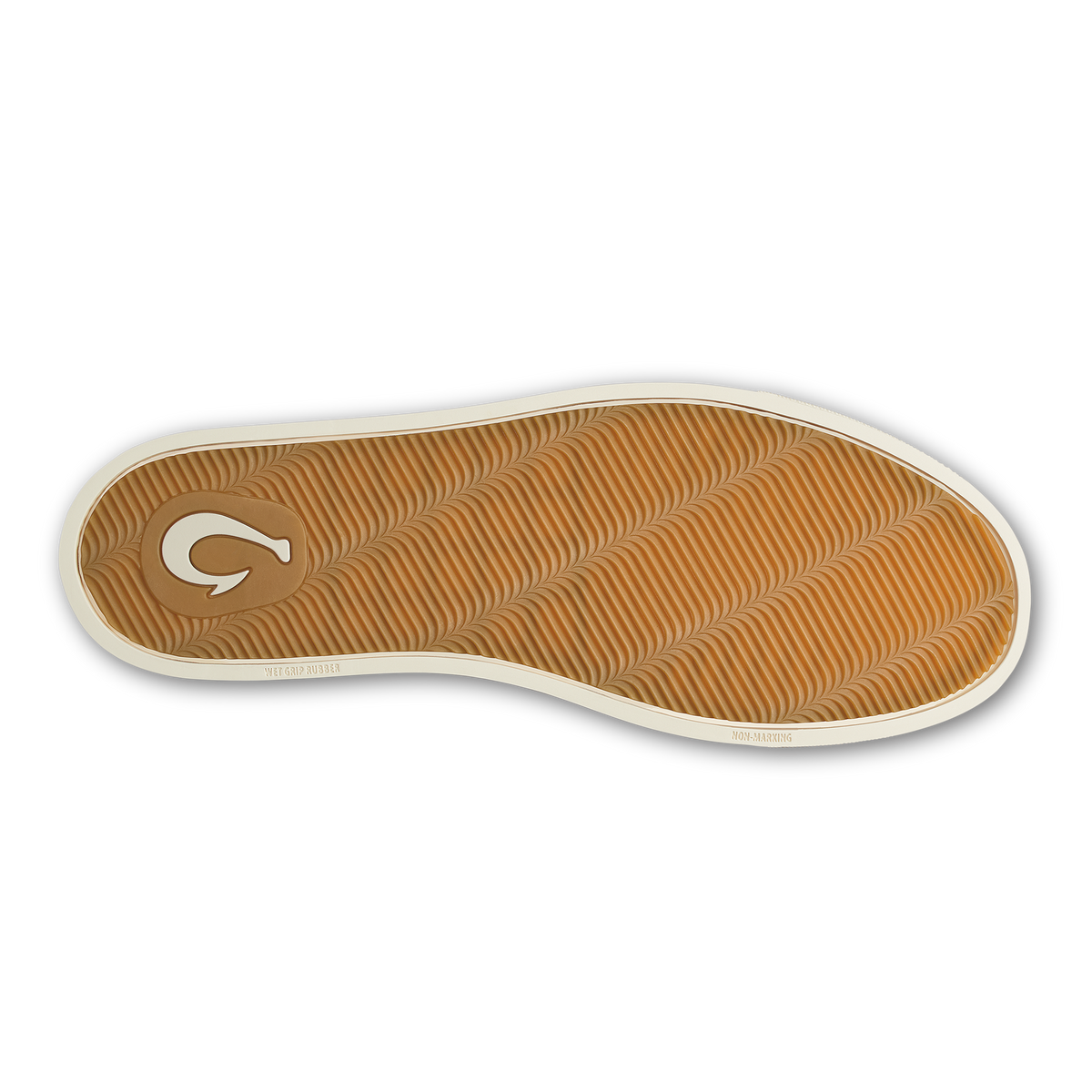 Tan sole with wavy tread pattern and white edge trim, featuring a "G" logo on the heel.