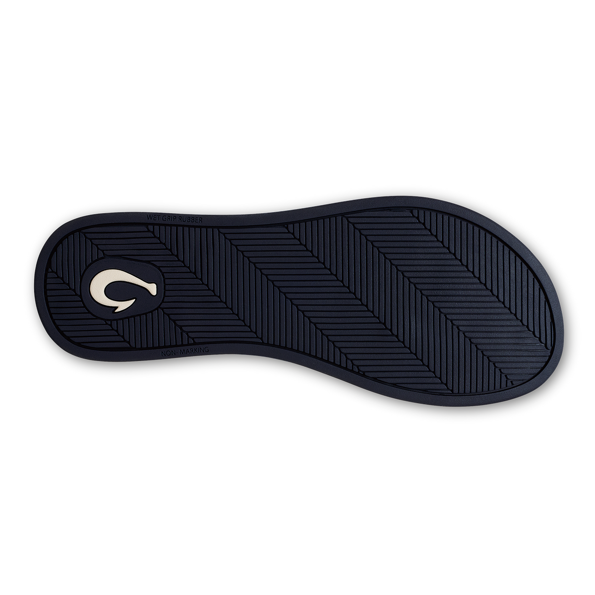 Dark navy sole with geometric tread pattern and white curved logo on heel.