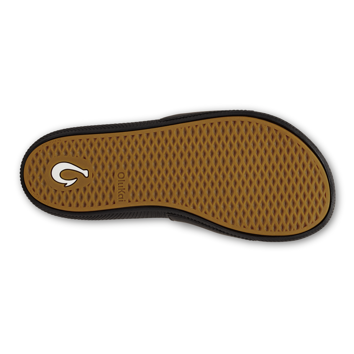 Black shoe sole with tan textured footbed and white logo detail.