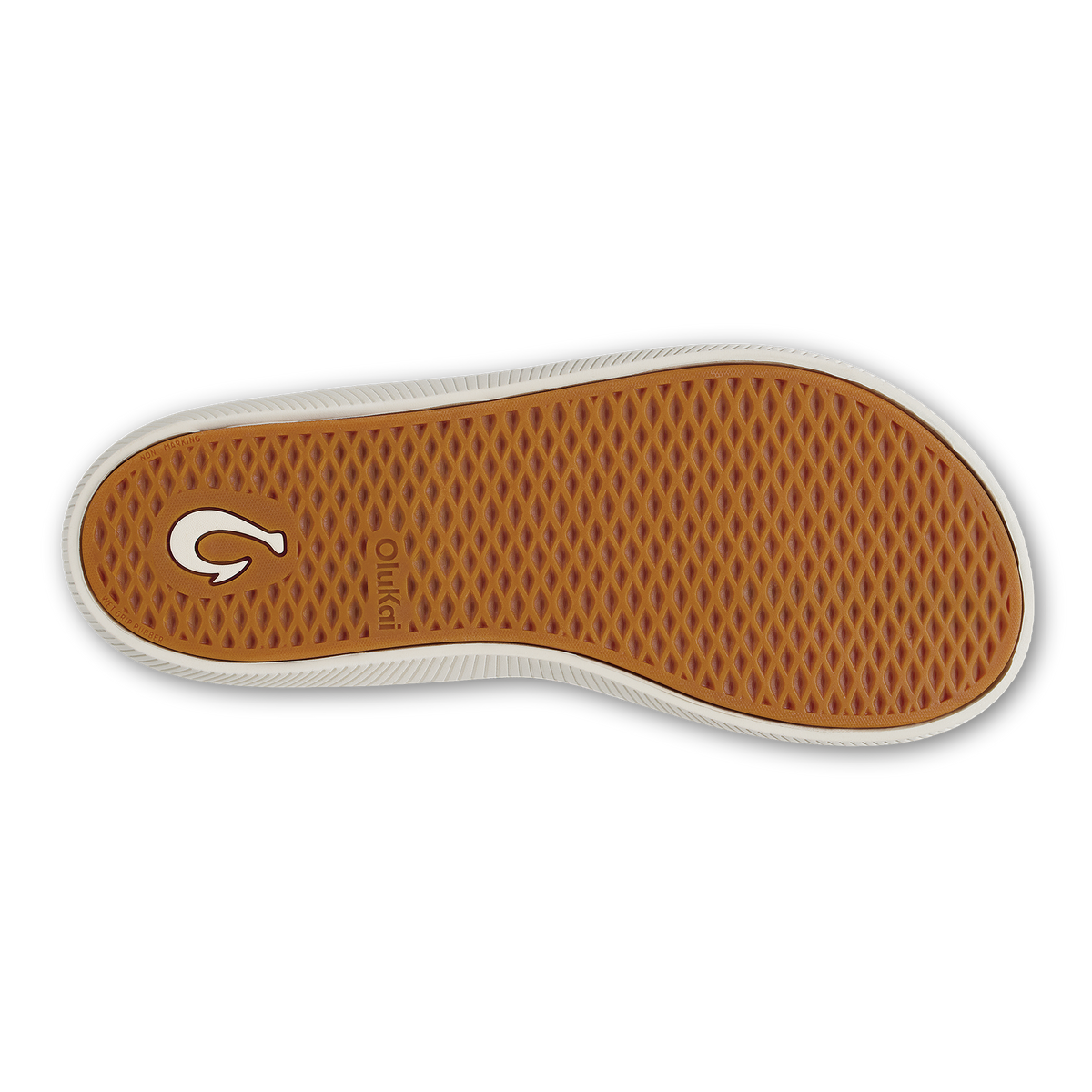 Shoe sole with tan textured pattern, white rubber trim, and "G" logo.