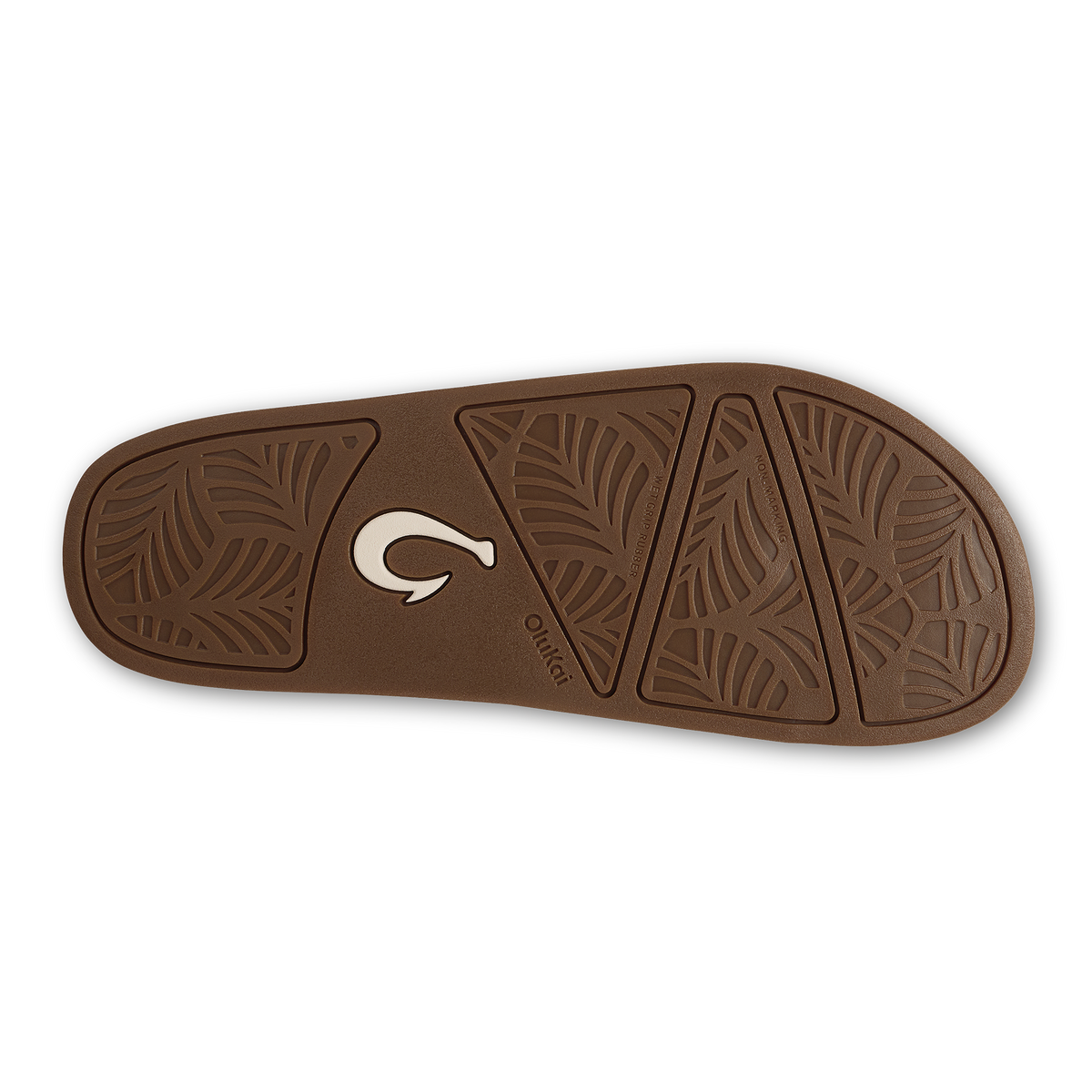 Brown sandal sole with geometric leaf-pattern tread and white logo accent.