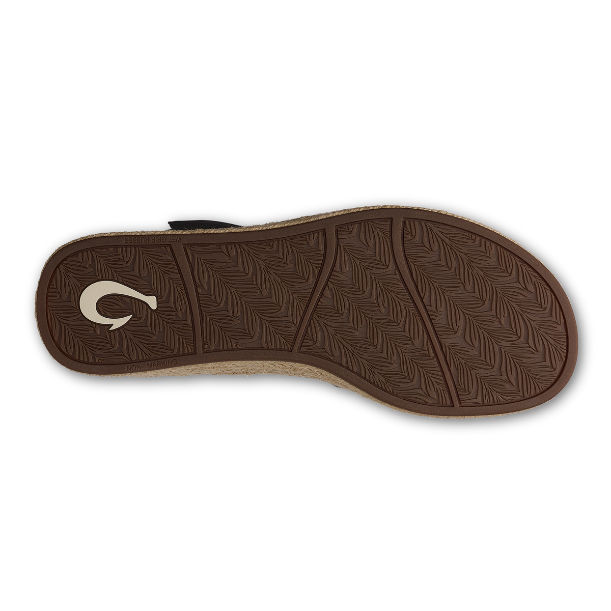 Sole view of sandal with brown textured tread pattern, beige midsole, and black heel strap.