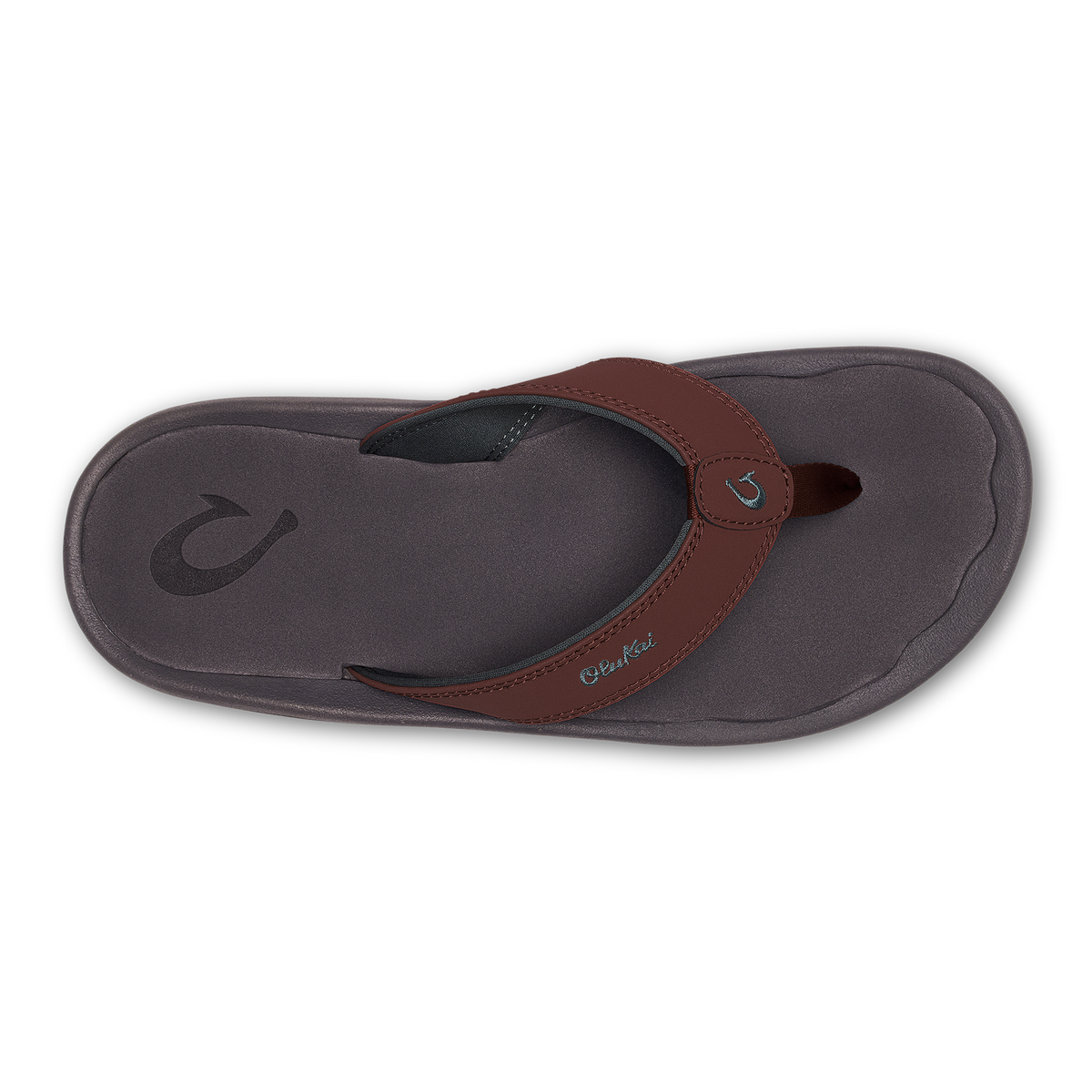 Gray flip-flop sandal with brown leather toe strap and embossed wave logo on footbed.