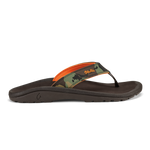 Thong sandal with dark brown sole, camo and orange strap with orange accent on upper strap.