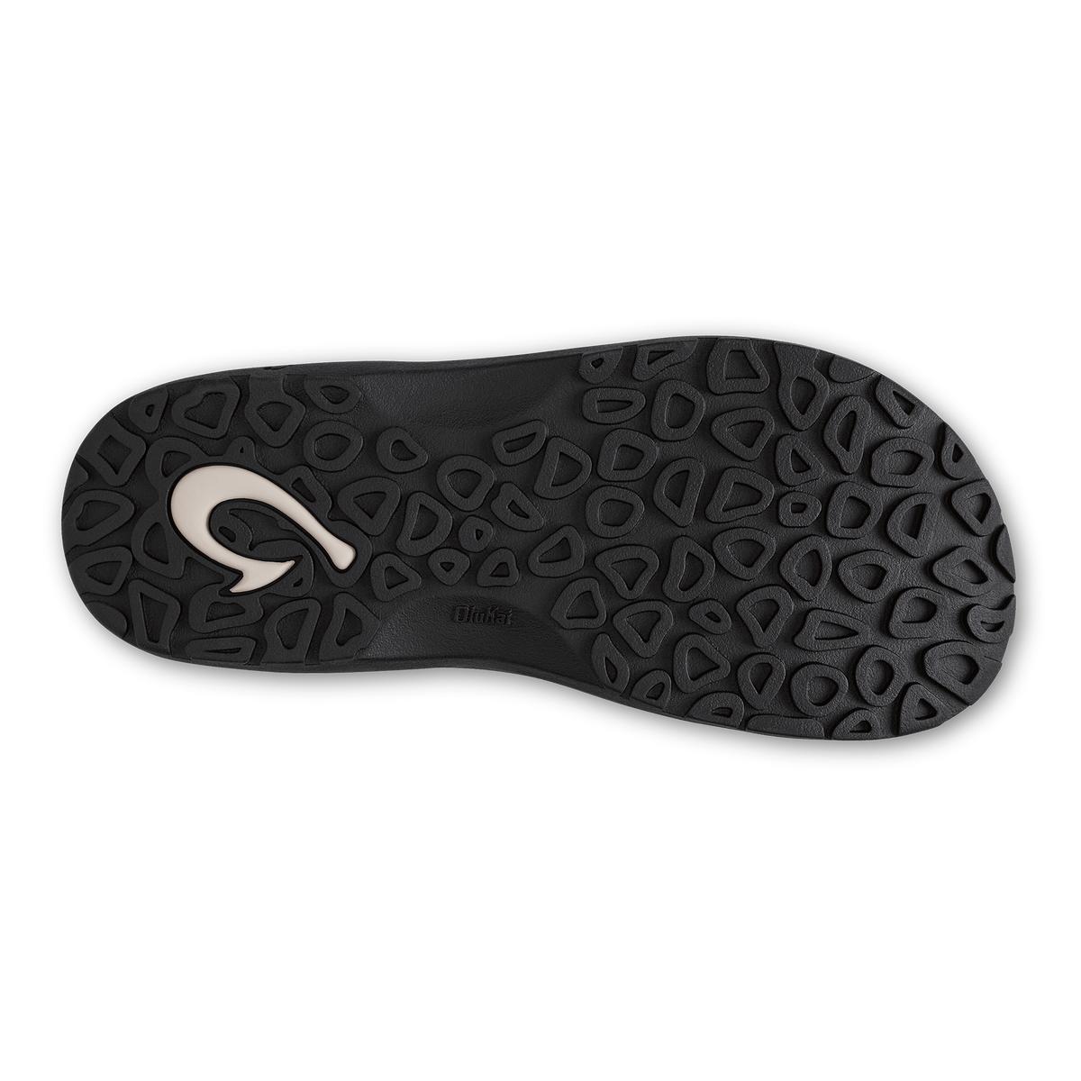 Black shoe sole with geometric tread pattern and white curved logo detail.
