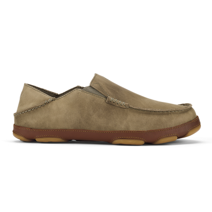 Tan suede slip-on loafer with brown leather trim and tan rubber sole.