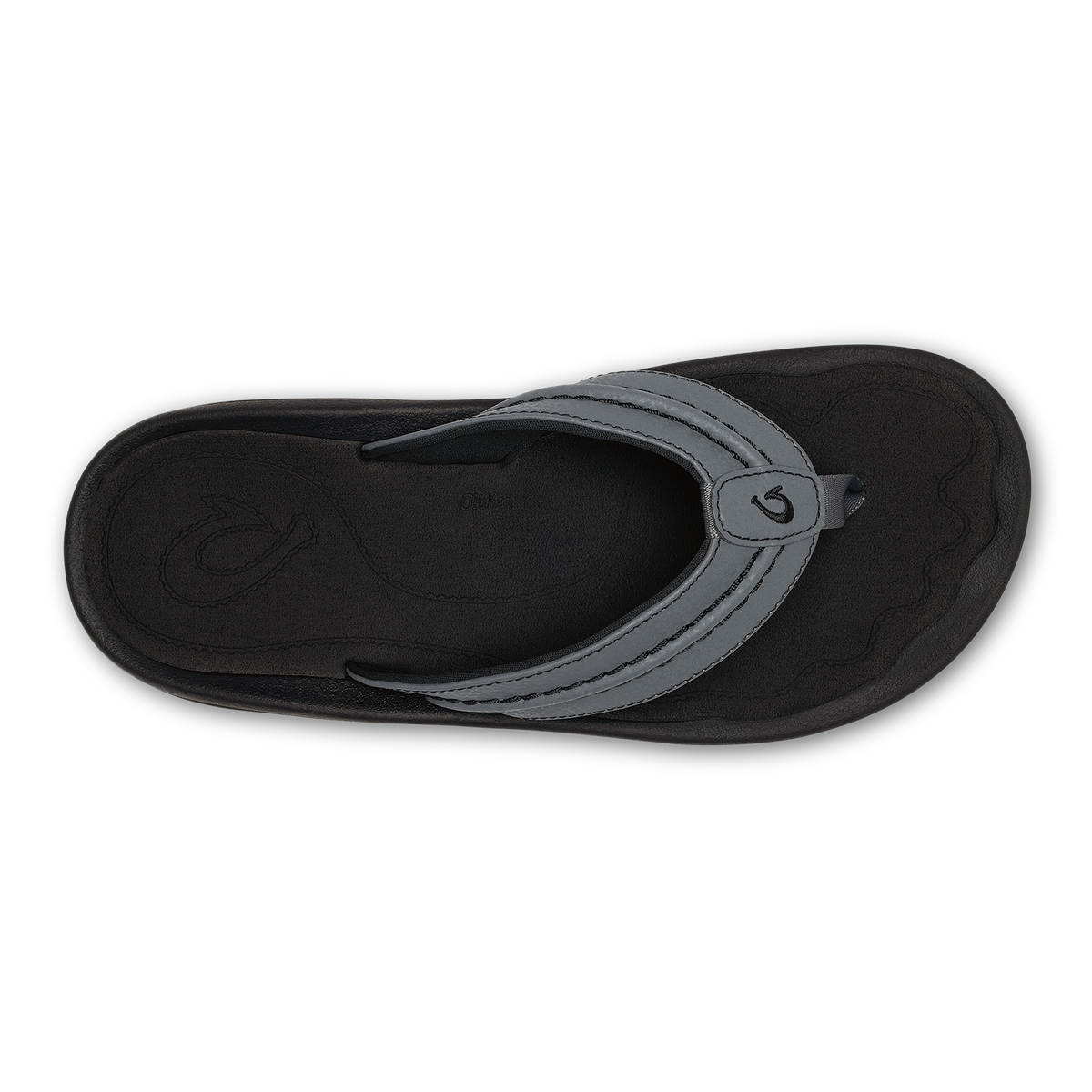 Black thong sandal with textured footbed and gray leather toe post strap.