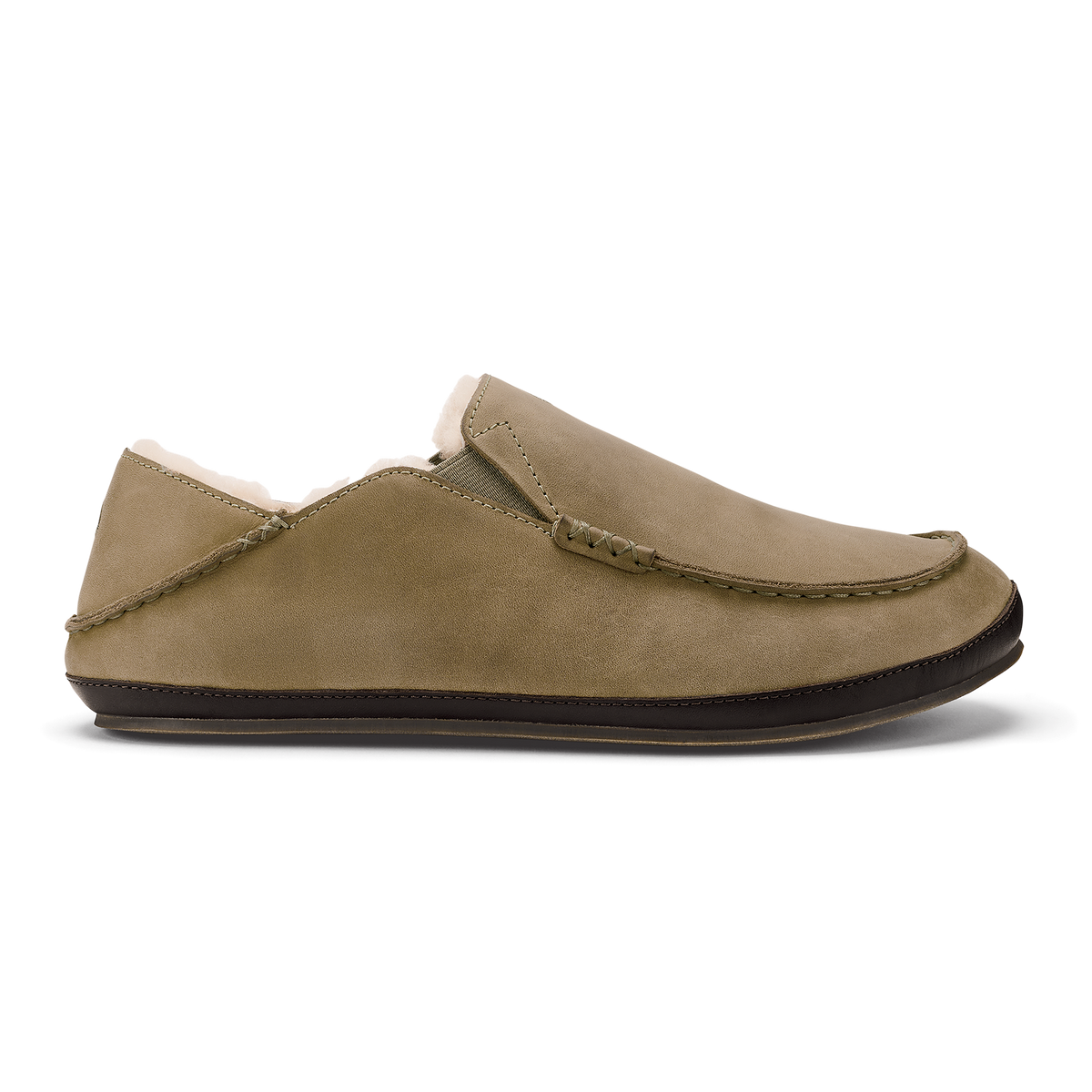 Clay-colored suede slipper with dark brown sole and stitched detailing along the upper.