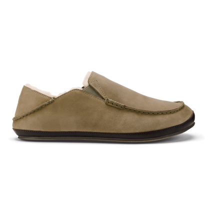 Clay-colored suede slipper with dark brown sole and stitched detailing along the upper.
