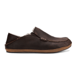 Dark brown leather slipper with tan sole and contrast stitching detail on upper.