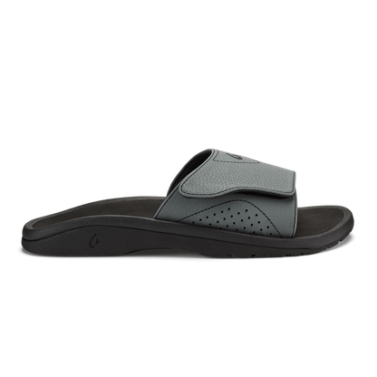 Nalu Slide with gray and black colorway, featuring a cushioned footbed and perforated upper strap.