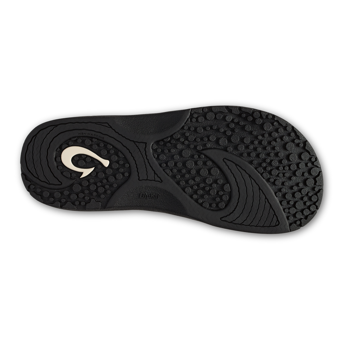 Black slide sandal sole with textured grip pattern and white curved logo detail.