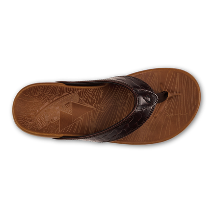Dark brown and tan flip-flop sandal with textured sole and dark leather strap across the foot.