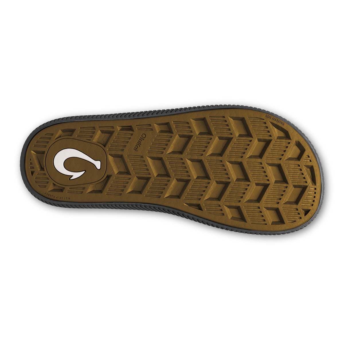 Brown and black sole with chevron tread pattern and white logo detail.