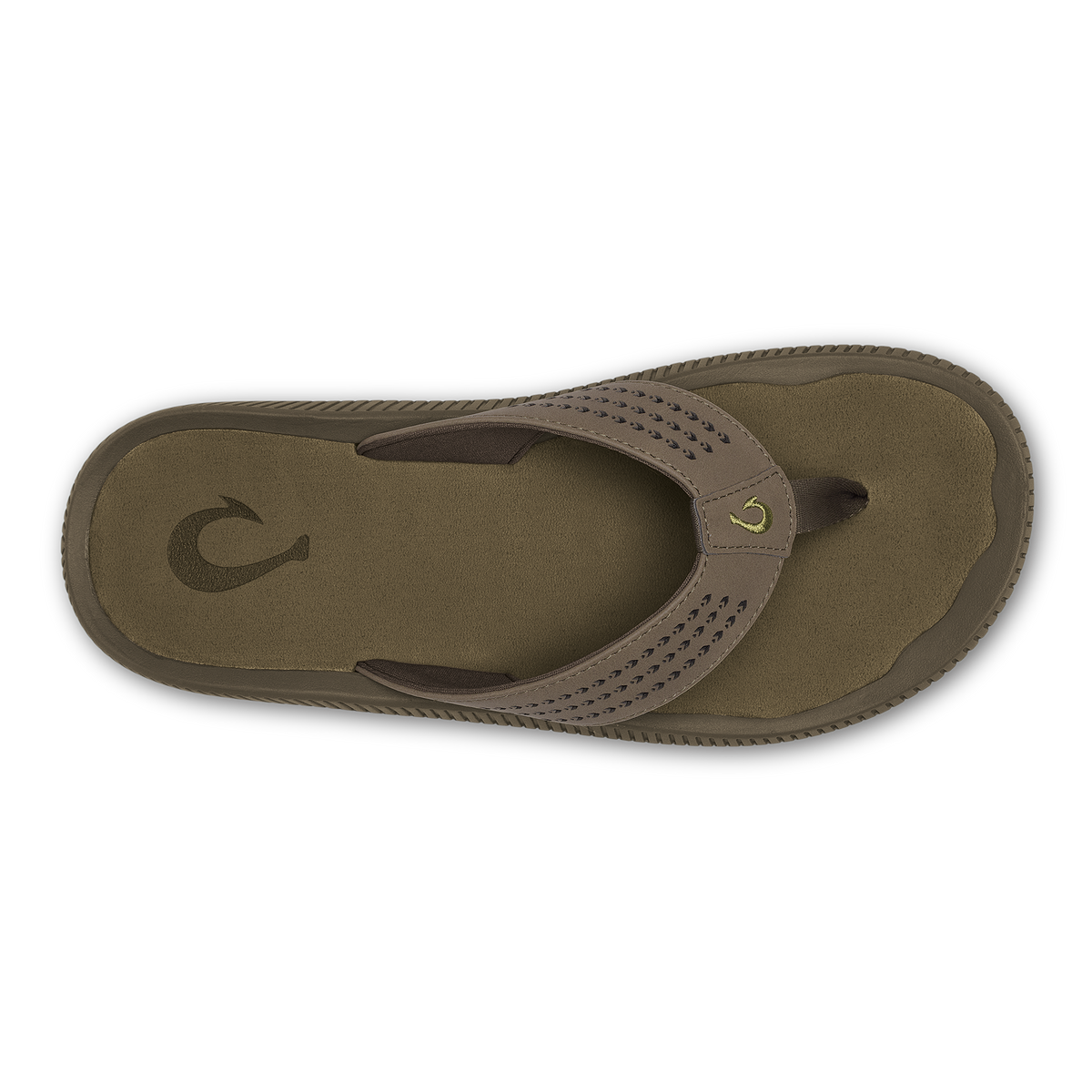 Tan thong sandal with perforated strap and curved footbed, shown from above.