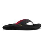 Black flip-flop sandal with red and black textured strap and geometric pattern on upper.