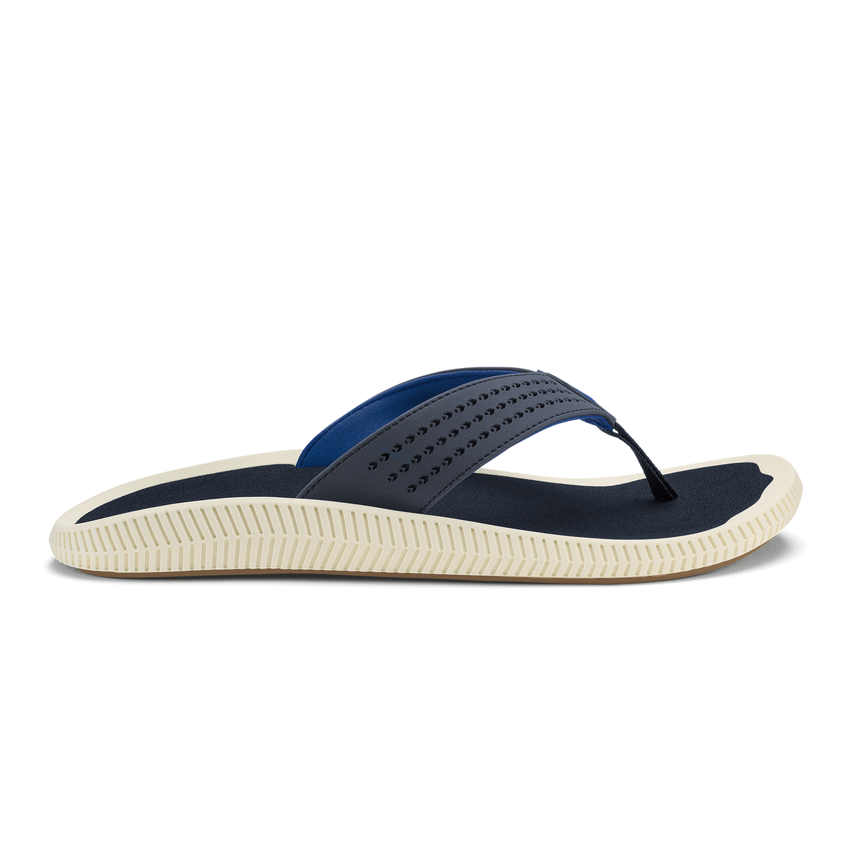 Blue and navy thong sandal with perforated upper strap and cream ribbed sole.