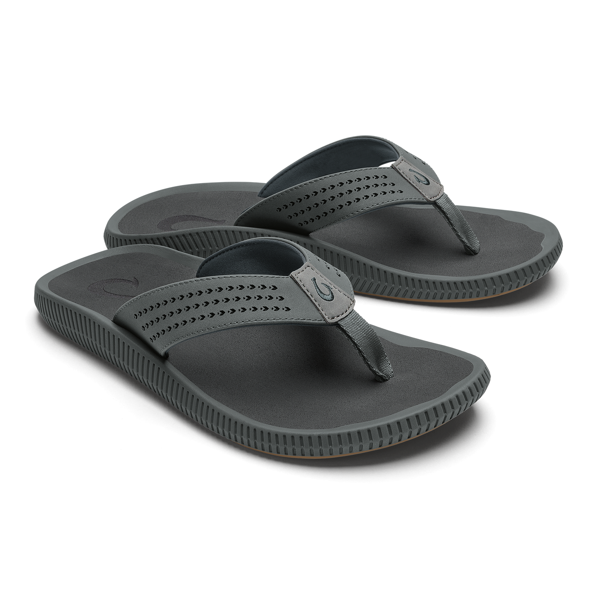 Pair of dark gray thong sandals with perforated straps and textured rubber soles.