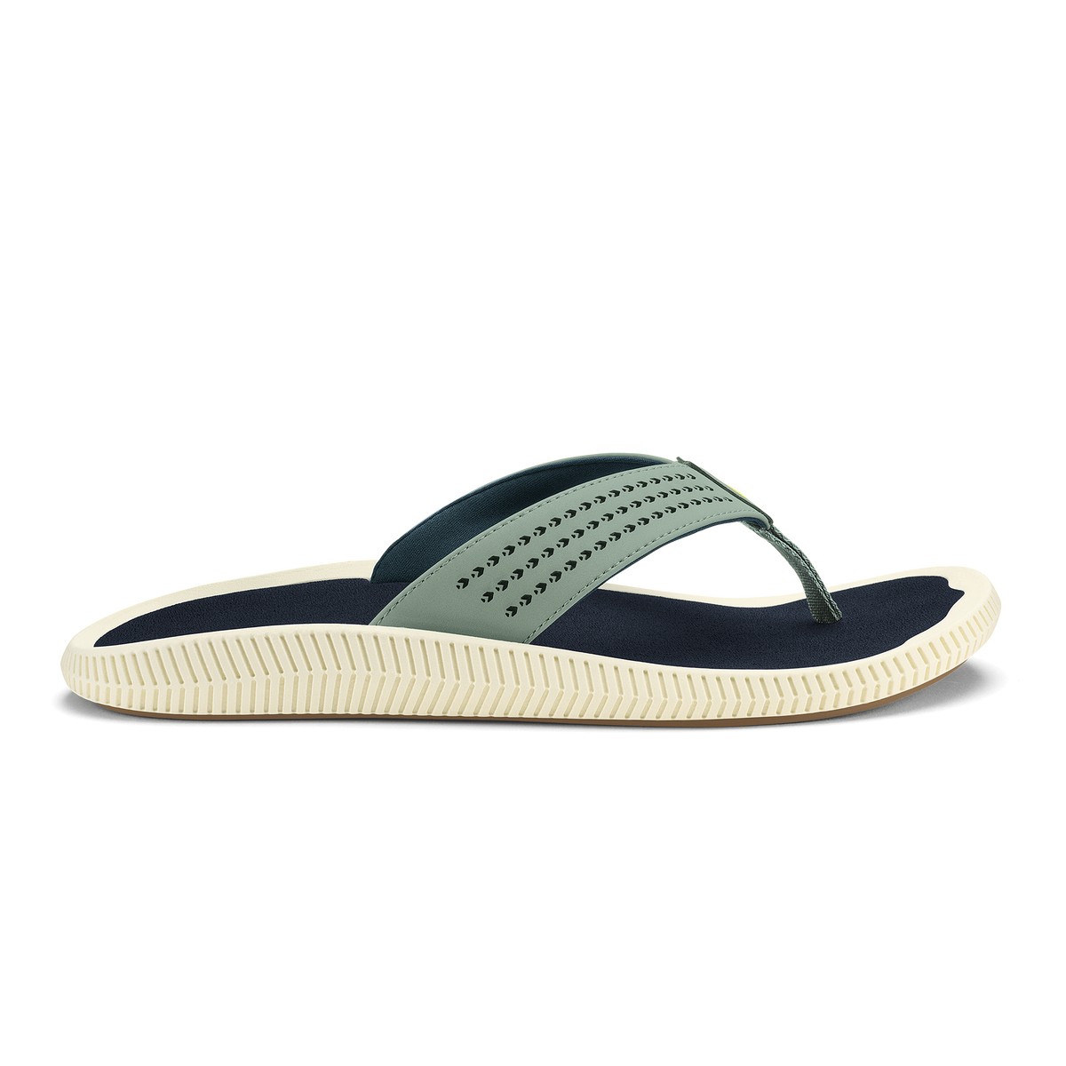 Seagreen and trench blue thong sandal with perforated strap and cream ribbed sole.