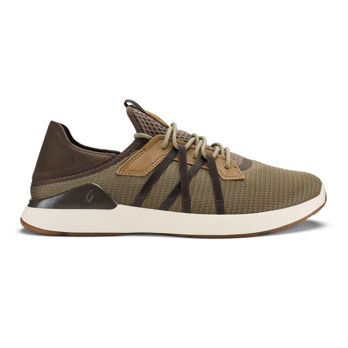 Tan and dark brown mesh lace-up sneaker with cream sole and dark brown heel counter.