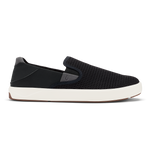 Black knit slip-on sneaker with white sole and gray heel detail, shown in profile view.