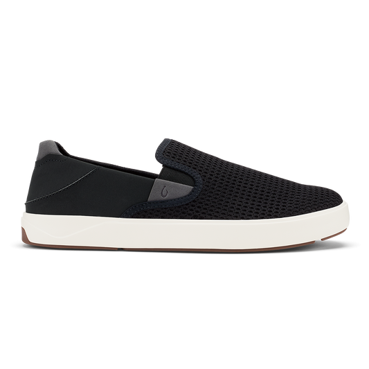 Black knit slip-on sneaker with white sole and gray heel detail, shown in profile view.