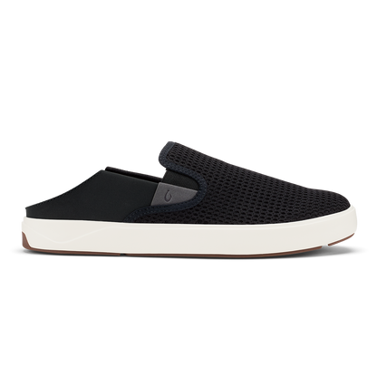 Black knit slip-on mule with white rubber sole and brown heel accent.
