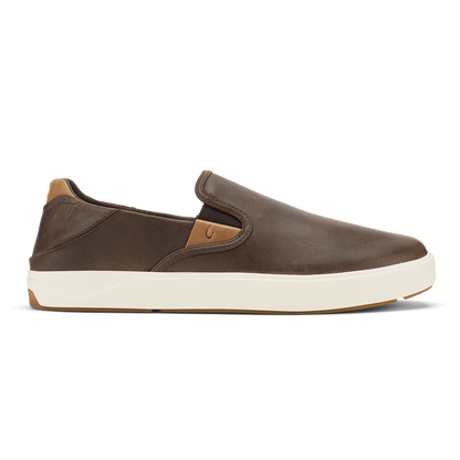 Dark brown leather slip-on sneaker with cream rubber sole and tan heel accent, shown in side profile.