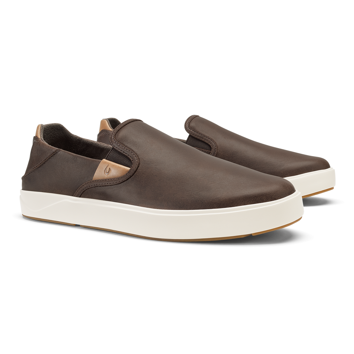 Dark brown leather slip-on shoes with cream rubber sole and tan heel accents.