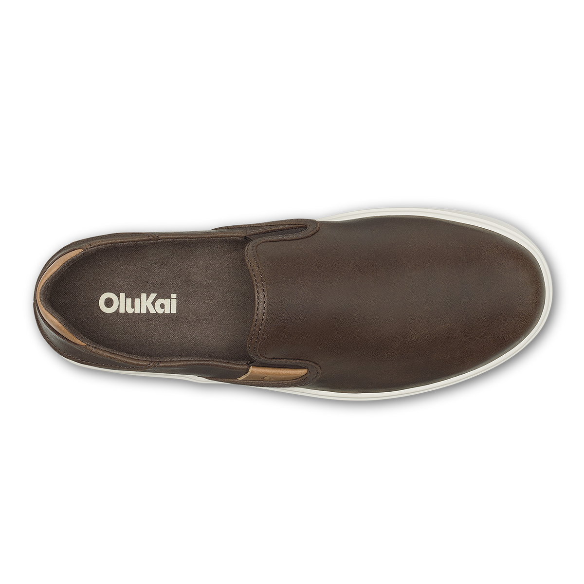Dark brown slip-on shoe with white sole and tan accent stripe, viewed from above.