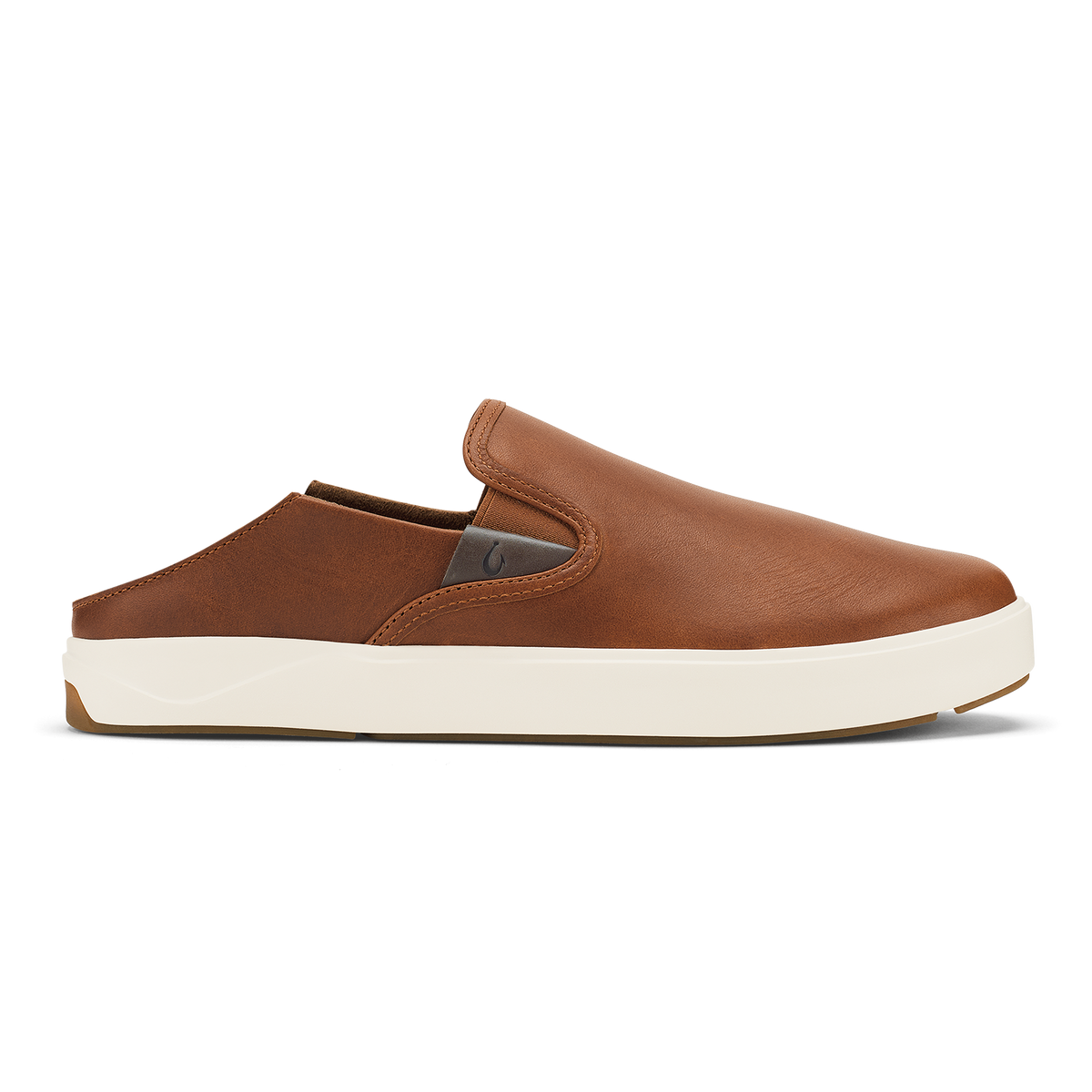 Brown leather slip-on shoe with cream-colored sole and padded collar.
