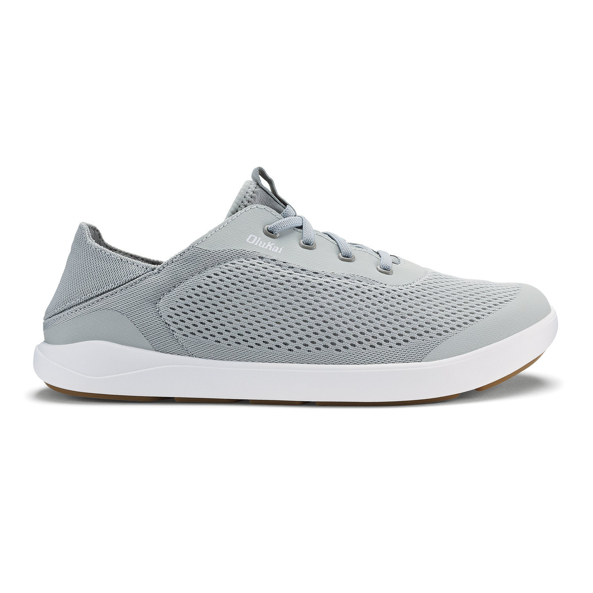Cloud grey athletic shoe with perforated mesh upper, white midsole, and tan outsole.