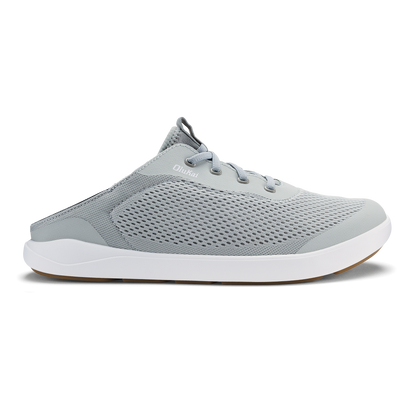 Cloud grey mesh slip-on shoe with white midsole and perforated upper panel, shown in side profile.
