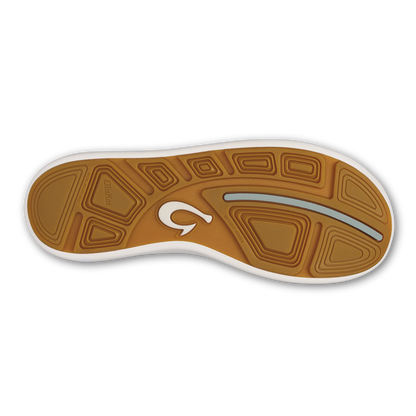 Tan and white shoe sole with geometric tread pattern and curved design.