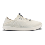 White mesh lace-up sneaker with navy blue accents and white sole, shown in profile view.