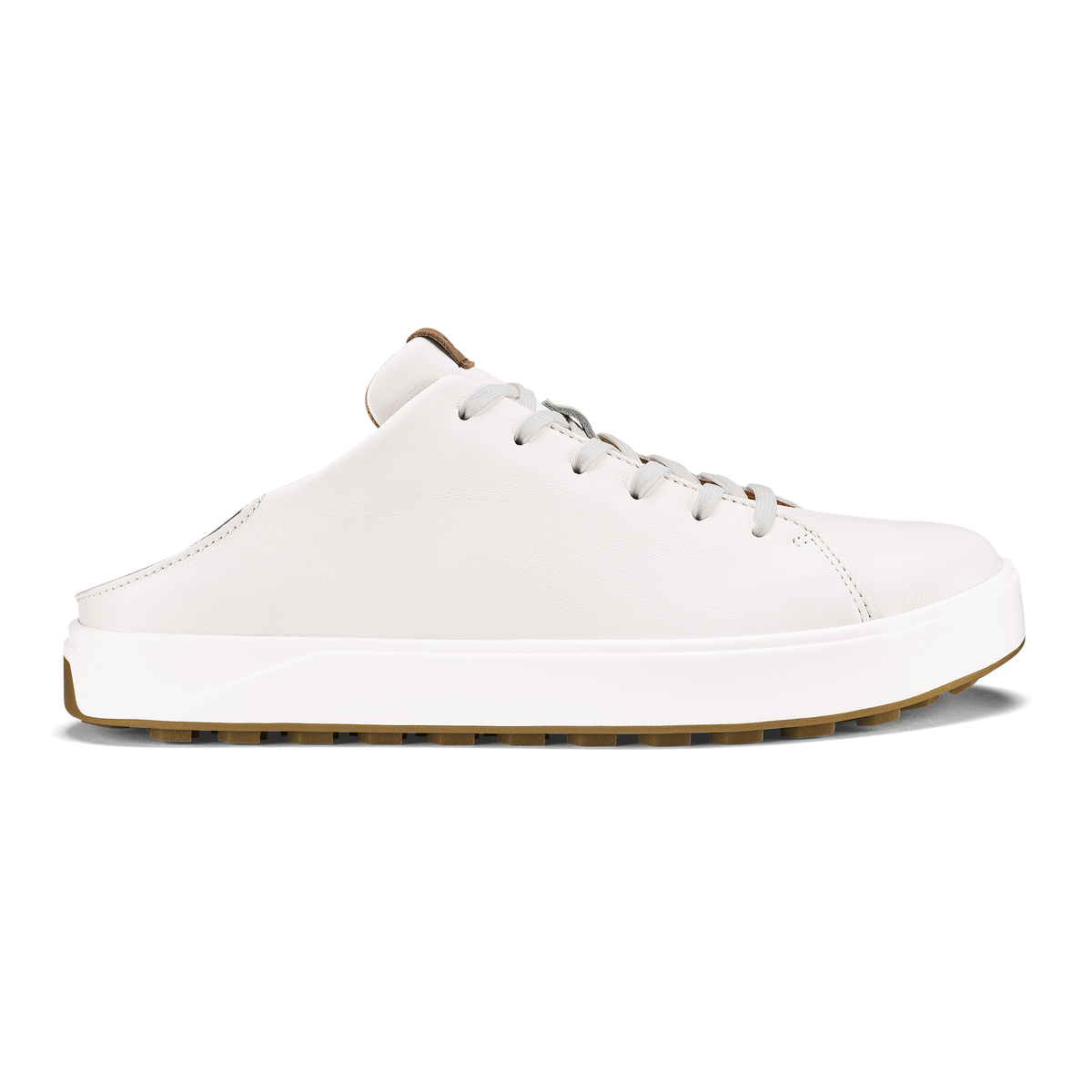 White leather slip-on sneaker with tan and brown sole, lace-up closure, and padded collar.