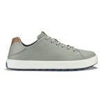 Grey-fog leather sneaker with tan heel panel, white midsole, and dark rubber outsole.