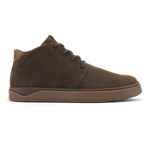 Dark brown suede chukka boot with tan sole and lace-up front closure.
