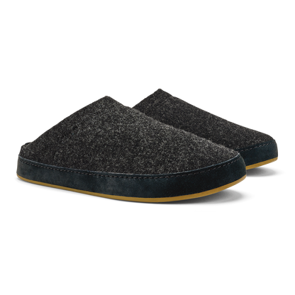 Pair of charcoal gray wool slippers with dark navy suede trim and tan rubber soles.