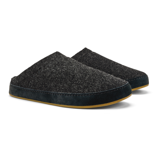 Pair of charcoal gray wool slippers with dark navy suede trim and tan rubber soles.