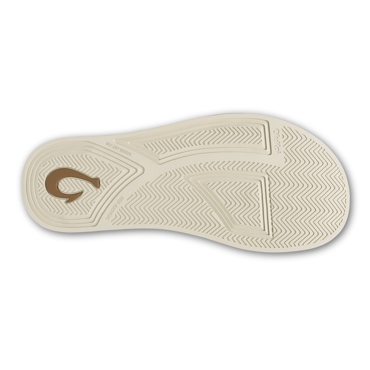 Cream and tan shoe sole with geometric chevron tread pattern and brown circular logo detail.