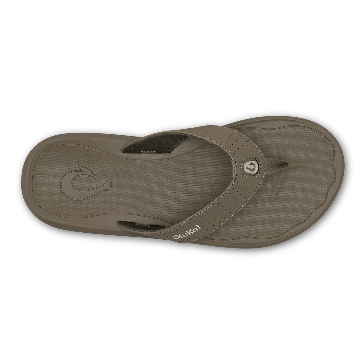 Walnut-colored thong sandal with textured upper strap and perforated toe post, shown from above.