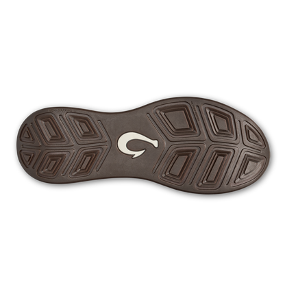 Black shoe sole with geometric tread pattern and white logo in center.