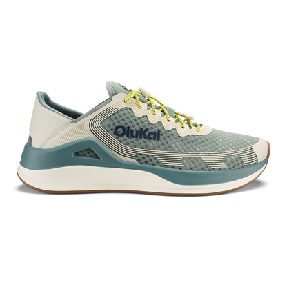 Seagreen and white sand running shoe with yellow laces and textured mesh upper, featuring curved sole design.