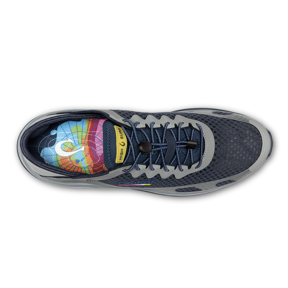 Navy and gray lace-up running shoe with colorful patterned insole visible from top view.