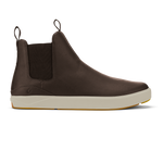 Dark brown leather Chelsea boot with cream and tan sole, elastic side panels, and pull tab.